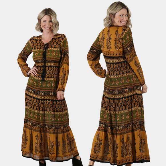 Nostalgia Dresses & Skirts - Nostalgia Printed Long Sleeve Maxi Dress NWT • Boho • Elastic Cuffs Gold Black